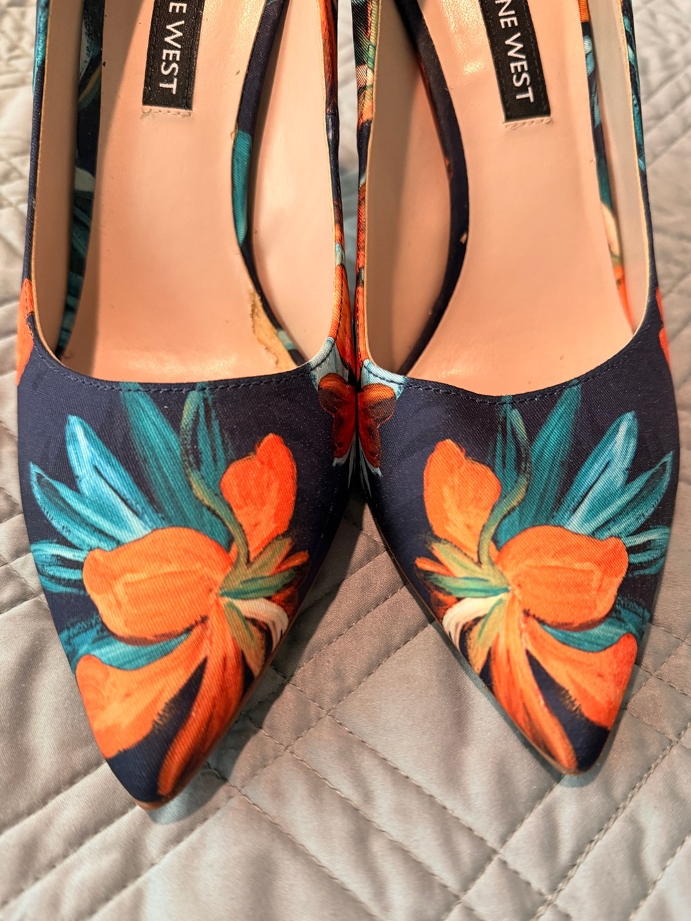 Nine West Navy Floral Pointed-Toe Pumps with Orange Accents - Picture 6 of 9